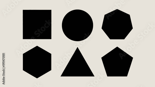 A minimalist composition displays six black geometric shapes a square circle heptagon hexagon triangle and pentagon against a pale background high quality professional detailed modern elegant