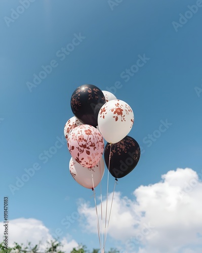 Festive Helium Balloon Bouquet Floating in Blue Sky with Cloud Celebration Party Decoration Outdoor Minimal Scene