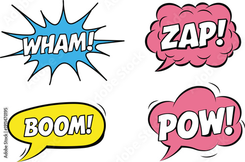 Comic book sound effects in speech bubbles on a white background