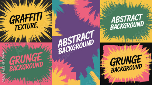 A vibrant collection of four abstract backgrounds featuring bold text graffiti and grunge textures in varied color schemes high quality professional detailed modern elegant stylish clean