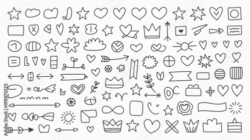 A collection of hand drawn black and white doodles featuring hearts stars crowns arrows and various decorative elements high quality professional detailed modern elegant stylish clean