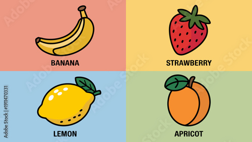 A colorful illustration displays four different fruits a banana strawberry lemon and apricot each within its own square high quality professional detailed modern elegant stylish clean