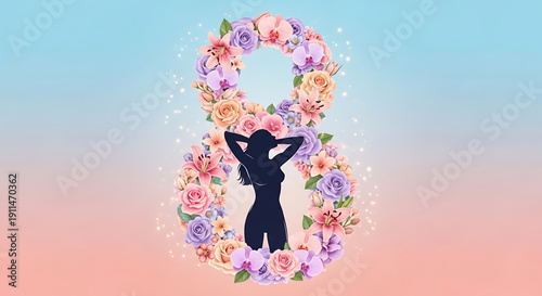 Woman silhouette in floral peace sign on gradient background symbolizing harmony and freedom with colorful flowers