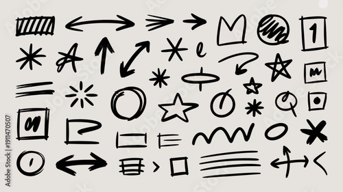 A collection of hand drawn black and white doodle elements including arrows stars shapes and lines scattered across a light background high quality professional detailed modern