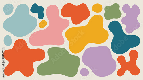 An abstract composition features a variety of colorful organic shapes scattered across a neutral light beige background high quality professional detailed modern elegant stylish clean crisp