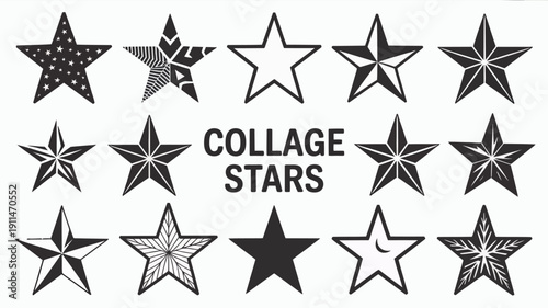 A collage of various black and white stars is displayed showcasing different designs and patterns within a symmetrical arrangement high quality professional detailed modern elegant stylish