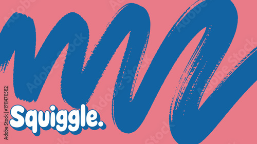 A vibrant close up image features the word squiggle in large bold blue brushstroke lettering against a pink background high quality professional detailed modern elegant stylish