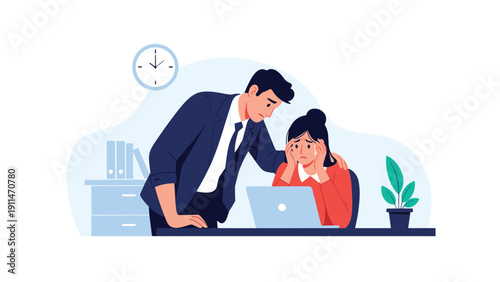 Male boss or colleague consoling a crying female employee at her desk, showing empathy, support, and compassion in the workplace.
