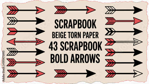 A collection of red and black arrows alongside the word scrapbook in bold text set on a beige torn paper background high quality professional detailed modern