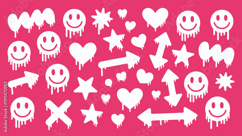 A vibrant pink background hosts a playful assortment of white dripping icons including smiley faces hearts stars and directional arrows high quality professional detailed modern elegant