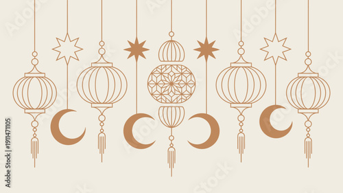 A delicate arrangement of stylized warm toned lanterns and crescent moons creates a festive decorative border or pattern high quality professional detailed modern elegant stylish clean