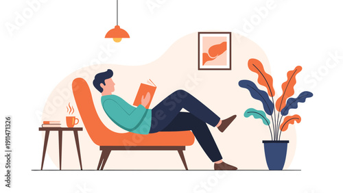 Man relaxing in a comfortable lounge chair at home, reading a book with a cup of coffee, enjoying a moment of peace and quiet.