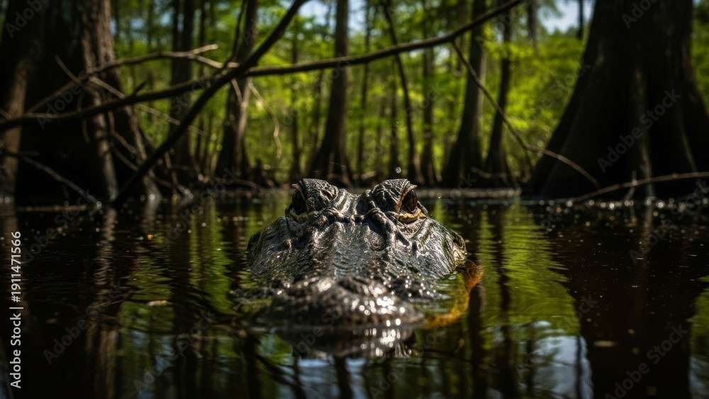 Fototapeta premium Alligator emerges from dark swamp water, eyes alert amongst cypress trees.