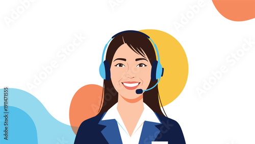 Smiling female customer service representative with a headset, providing support as a call center agent or virtual assistant.