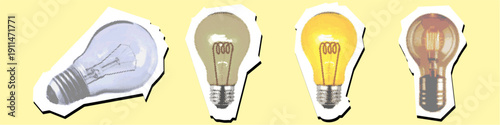Set lightbulb editable halftone scrapbook element vector for retro idea graphics. Ideal for brainstorming collages, vintage innovation themes, and print. Symbolizes inspiration, creativity, and genius