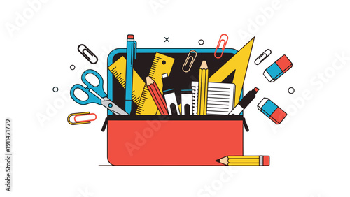 Open red pencil case overflowing with various school supplies like pencils, rulers, scissors, and erasers, ready for back to school.