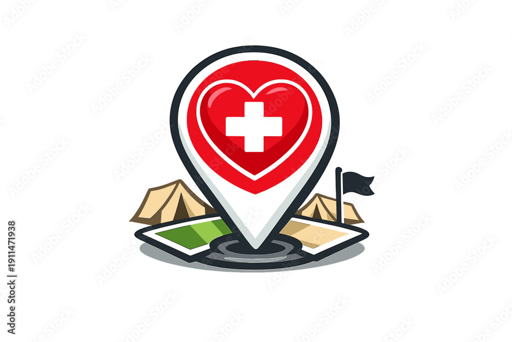 Obraz premium Location pin with heart and medical cross symbol above tents
