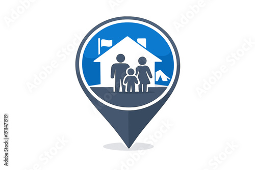 Map pin with family and house icon, location marker