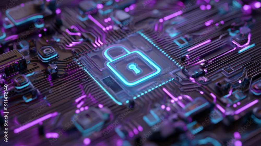 Fototapeta premium A close-up view of a circuit board with a glowing blue padlock