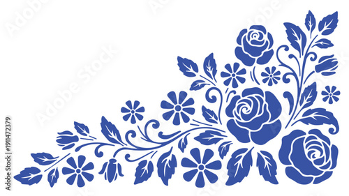 Intricate Blue Floral Corner Design with Roses, Leaves, and Elegant Ornamental Scrolls