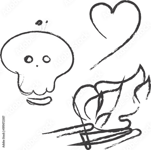 A cartoonish skull heart and sled illustration