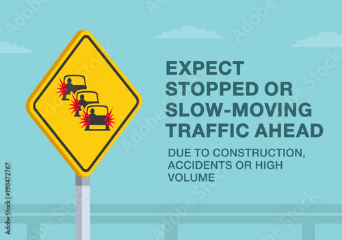 Safe driving tips and traffic regulation rules. Close-up of canadian "traffic queues or congestion" sign meaning. Flat vector illustration template.