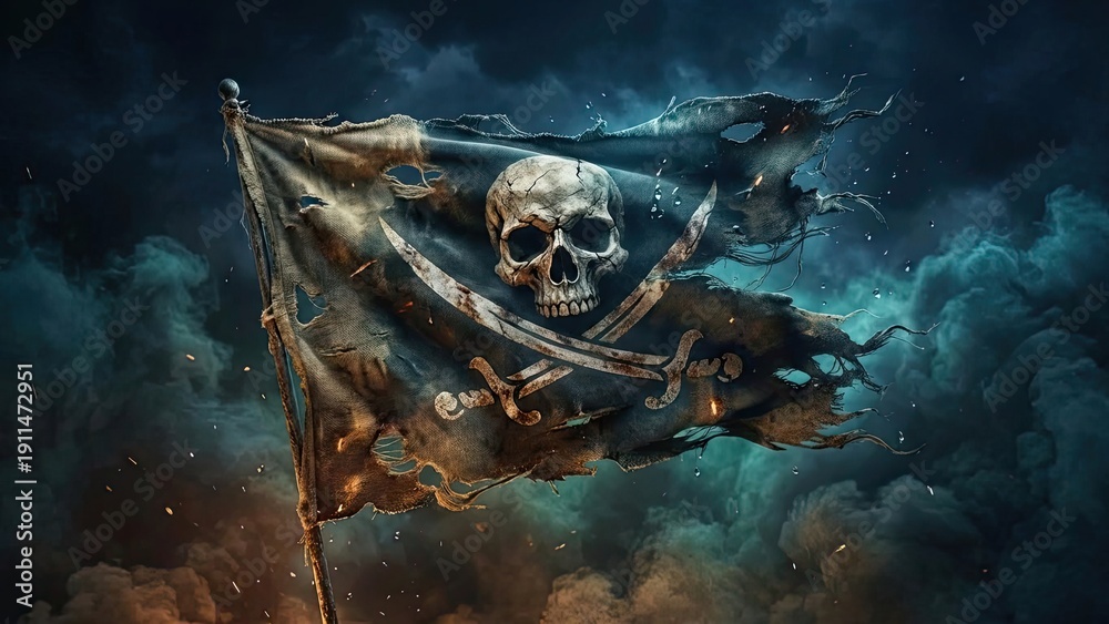 Obraz premium Pirate Flag in the Storm: A tattered pirate flag with skull and crossbones flutters dramatically against a stormy, ominous sky, evoking tales of adventure and the high seas.