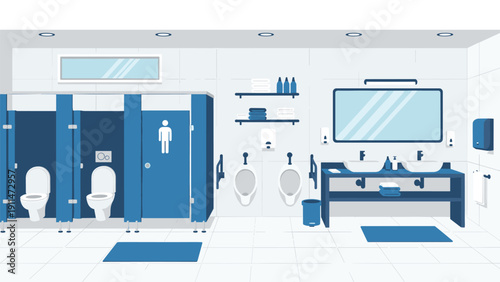 Interior of a clean and modern public men's restroom with stalls, urinals, sinks, and mirrors, shown in a flat vector style.