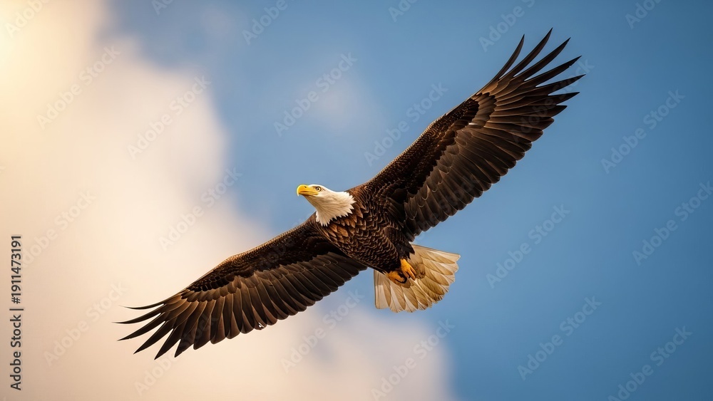 Obraz premium Bald eagle with wings spread soaring in a bright blue sky with soft clouds