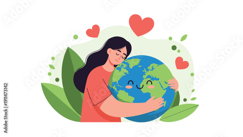 A loving woman gently hugs a smiling planet Earth, a heartfelt illustration promoting environmental care, conservation, and Earth Day.