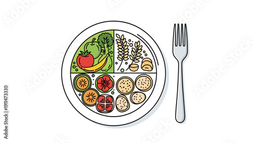 A healthy plate divided into food groups according to nutritional guidelines, including fruits, vegetables, grains, and proteins, with a fork.