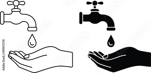 Hand Washing and Water Conservation Icon: Minimalist Vector Illustration of Water Tap Dripping into Hand for Hygiene and Saving Water