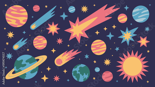 A colorful whimsical illustration depicts planets comets stars and a sun against a deep navy blue background creating a cosmic scene high quality professional detailed modern