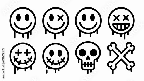 A black and white illustration displays a grid of eight distinct icons smiley faces skulls and crossbones with dripping effects high quality professional detailed modern elegant