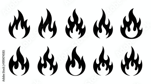 A collection of stylized black flame shapes are displayed arranged in a grid like pattern against a clean white background high quality professional detailed modern elegant