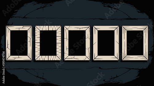 A dark moody composition showcases five empty rectangular frames arranged horizontally against a textured shadowy backdrop high quality professional detailed modern elegant stylish clean crisp vibrant