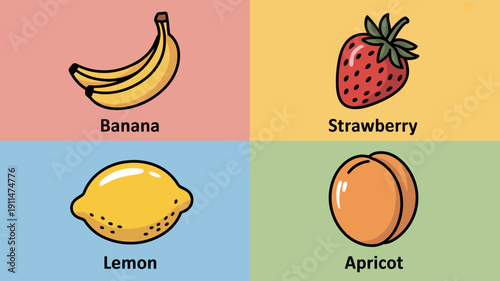 A colorful illustration displays four different fruits banana strawberry lemon and apricot each against a distinct background color high quality professional detailed modern elegant stylish clean