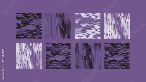 An abstract composition displays a grid of eight panels featuring varying densities and orientations of parallel black and white lines high quality professional detailed modern elegant