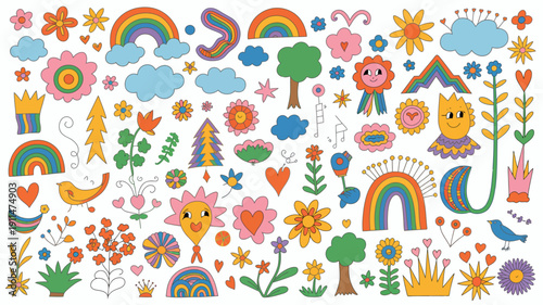 A vibrant collection of colorful whimsical stickers features rainbows flowers clouds hearts and cheerful character designs on a white background high quality professional detailed modern elegant