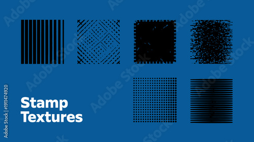 This image displays a collection of six distinct stamp textures and a grid pattern all rendered in black against a blue background high quality professional detailed