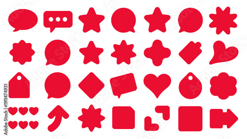 A collection of vibrant red icons and symbols are arranged in a grid including hearts stars speech bubbles and geometric shapes high quality professional detailed modern