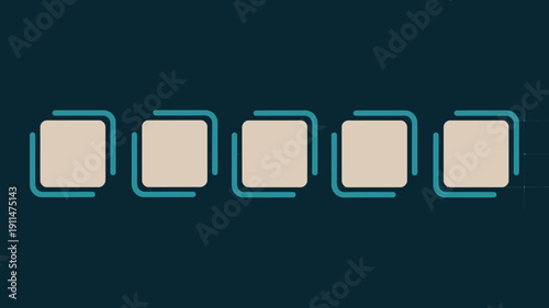 A minimalist digital illustration features five square elements each centered within a teal rectangular frame on a dark teal grid high quality professional detailed modern elegant