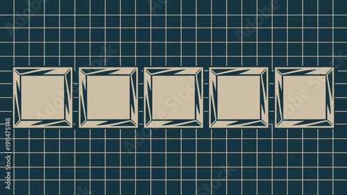 An abstract composition displays five rectangular frames aligned horizontally against a dark teal grid background creating a simple pattern high quality professional detailed modern elegant stylish
