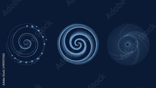 A dark blue background displays three distinct spiral formations evolving from dotted to solid lines showcasing a gradient of complexity high quality professional detailed modern elegant