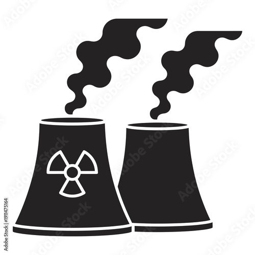 Nuclear power plant cooling towers with smoke emissions  industrial energy production icon