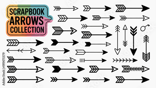 A collection of various black arrows and feather fletched designs arranged on a white background labeled scrapbook arrows collection high quality professional detailed modern elegant stylish