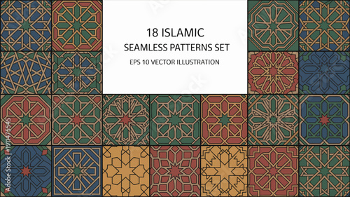 This image displays a collection of eighteen islamic seamless patterns arranged in a grid with a color palette of red blue and green high quality professional