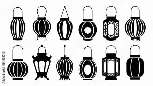 A collection of black and white line art depicting various ornate vintage style lanterns arranged in two rows high quality professional detailed modern elegant stylish clean