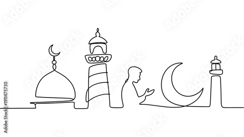 A continuous line drawing depicts iconic islamic architectural elements and a crescent moon representing faith and cultural heritage high quality professional detailed modern elegant stylish clean