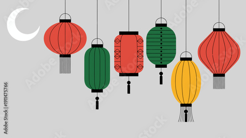 A row of colorful stylized lanterns hang against a soft gray background accompanied by a delicate crescent moon high quality professional detailed modern elegant stylish clean
